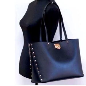 Michael Kors NEW Manhattan Tote Shoulder Bag Leather Black Gold Studs Luxury